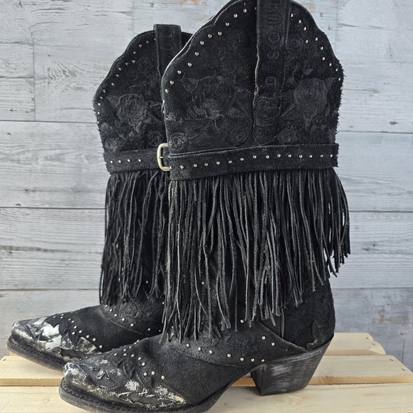 Dan Post Mid Calf Suede Leather Fringe Western Black Boots Size 6 - Picture 9 of 16
